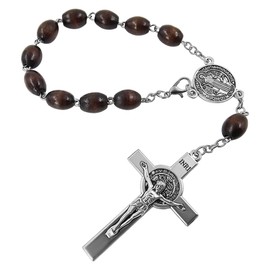 Saint Benedict Medal One Decade Catholic Rosary for Car Rearview Mirror Dark Brown Wood Prayer Beads Sacred St Benedict Crucifix Rosaries Bracelet Religious Gift for Men Women (Silver Cross Rosary)