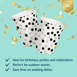 PAW - Disposable Paper Cups (8,5 oz, 50-Pack), Hot & Cold Paper Coffee Cups, Drinking Cups with Silver Confetti Theme for Birthday, Party, Kids Party, BBQ, New Year's Eve, Picnic