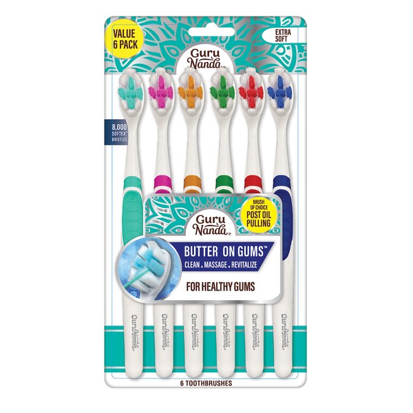 GuruNanda Butter On Gums with Softex Bristles, Ultra Soft Toothbrush for Kids & Adults, Helps with Sensitive and Receding Gums, Travel Toothbrush, Assorted Colors, Pack of 6