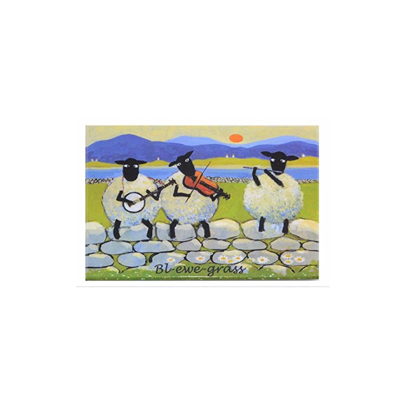 Irish Painted Magnet With Sheep Playing Musical Instruments & 'Bl-Ewe-grass'