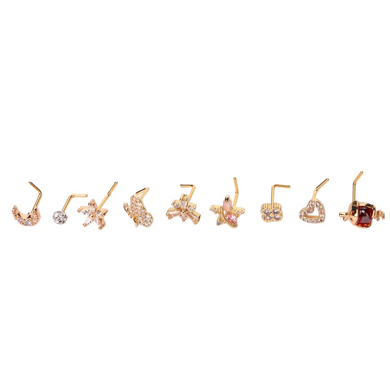 9pcs Nose Studs Set Golden Stainless Steel L Shape Shiny