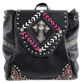 Zelris Western Country Cross Chevron Design Square Rucksack Backpack with Matching Wallet Set (Black Pink)