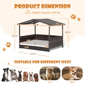 Giantex Wicker Dog House, Raised Rattan Dog Bed with Waterproof Roof, Washable Cushion Cover, Steel Frame, Indoor Outdoor Elevated Dog Bed Pet House for Small Medium Dogs Cats, Easy Assembly