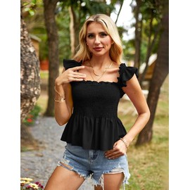 Clarisbelle Womens Smocked Peplum Shirred Frill Sleeveless Tank Tops Boho Fashion Straps Shoulder Spring Casual Shirts Black S