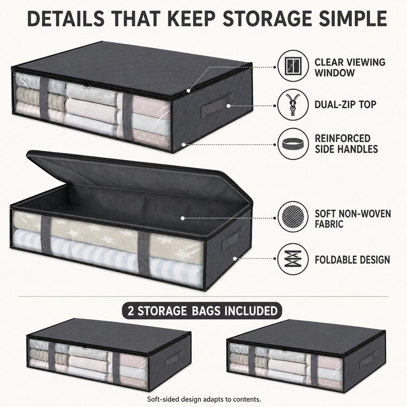 2 Pack Under Bed Storage Bags with Clear Window and