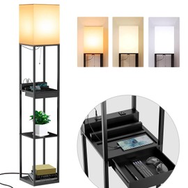 Assemer Shelf Floor Lamps for Living Room,Tall Standing Lamp with Shelves and Drawer,2 USB Charging Ports & 2 Power Outlet,Bright 3CCT LED Bulb Included - Black