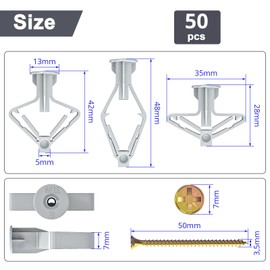 Wavanta 100Pcs Plasterboard Wall Plugs and Screws Set, Plasterboard Fixings, 50pcs Anti-Rotational Expansion Tube and 50pcs Plasterboard Anchor Screws, Drywall Cavity Wall Fixings