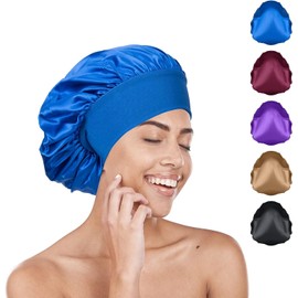 Bluemega Capó Casquete para Dormir, Casquete de satén de Banda Ancha, Casquete de Seda para Dormir por la Noche para Mujeres y niña (Azul Marino)