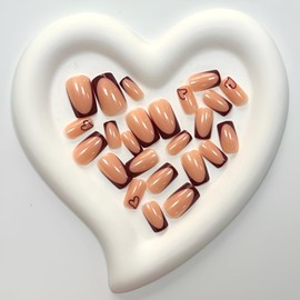 Valentine's Day Press on Nails Short Square Fake Nails with Red Heart Design Glossy Acrylic Full Cover Nails Valentine's Day French Tips Glue on Nails Stick on Nails for Women and Girls 24Pcs