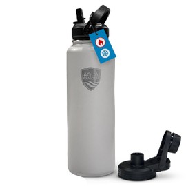 Aqua Armour 40oz Stainless Steel Sports Water Bottle - Double Walled Insulation Keeps Drinks Cold - BPA Free - Reusable Metal Bottles for Gym & Outdoors Hydration - 2 Lids (1 Straw Lid) - Grey