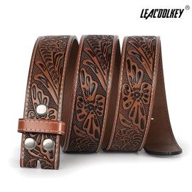LEACOOLKEY Western Belt Strap for Men without Buckle 1.5" Wide Floral Engraved Embossed Leather Belt Strap,Brown,Fit Size 29"-33"