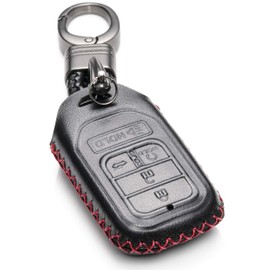 Vitodeco Genuine Leather Smart Key Keyless Remote Entry Fob Case Cover Compatible for Honda Civic, Fit, Accord, Pilot, CR-V (5 Buttons, Black/Red)