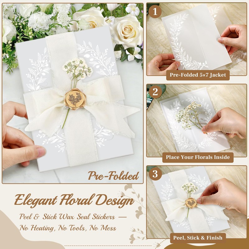 Dadoudou 50 Set Wedding Invitation Kit, Pre-Folded Vellum Jackets for