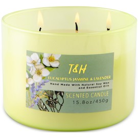 Eucalyptus Jasmine Lavender 3 Wick Candle | Highly Scented Soy Candle for Stress Relief 15.8 oz | Fresh Calming Aromatherapy Candle for Men & Women | Large Clean Burn Lavender Candle for Home