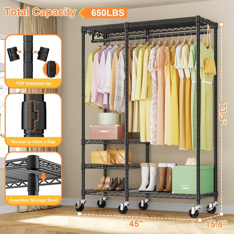 Ulif F4R Heavy Duty Clothes Rack（With Lockable Wheels ） Rolling