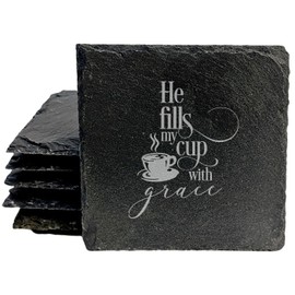 Faith and Hope: Laser Etched Slate Coasters: Christian Gift - "He Fills My Cup with Grace" - Square Slate - set of 6