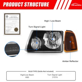 Fit 2001 2002 2003 2004 2005 2006 2007 2008 2009 2010 Ranger Headlamp for Ford 01-10 Ranger Headlight Assembly Clear Lens Black Housing Amber Reflector Driver and Passenger Side