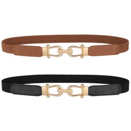 JASGOOD Women Skinny Elastic Stretch Belts for Dresses Retro Ladies Waist Gold Buckle Thin Belts 2 Pack, Brown+Black