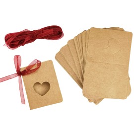 MAFELOE Kraft Paper Tags Gift Wrap Tags, DIY Crafts Tags, Blank Craft Paper Label for Arts Weddings Valentines Birthdays - Half-fold Hollow Love Heart-Shaped Tags 50Pcs with Red Ribbon 10 Meters
