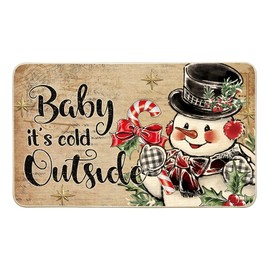 Christmas Mat Outdoor PU Non-Slip Mats for Front Door,Vintage Christmas Doormat 17x29,Beige Christmas Entryway Rug,Christmasholly Berries Cute Snowman Mat for Porch, Indoor Outdoor Home Décor