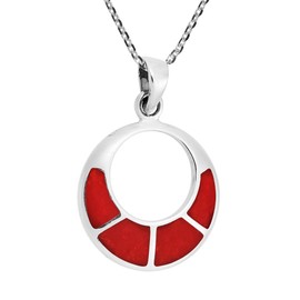 Aeravida Classy Open Circle Reconstructed Red Coral Inlaid .925 Sterling Silver Pendant Necklace | Classic Accessories Jewelry Gift for Women | Unisex Circle Necklace | Casual Long Necklaces for Women