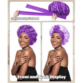 Satin Bonnet Silk Bonnet for Sleeping Silk Sleep Cap Double Layer Hair Bonnet with Elastic Tie Band for Curly Hair Night Cap (Dark Purple+Light Purple)