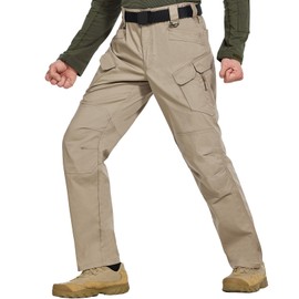Hiwise Men's Stretch Tactical Pants Water Resistant Outdoor Cargo Pants Lightweight Ripstop EDC Hiking Work Pants (Khaki, 36WX32L)
