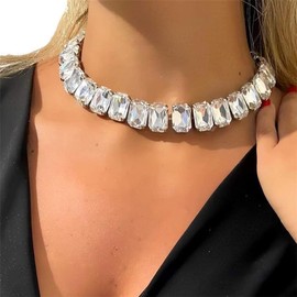 Xerling Wedding Statement Crystal Choker Necklaces for Women Brides Bling Rhinestone Multicolor Chain Large Crystals Pendant Choker Collar Jewelry Necklaces (Silver)