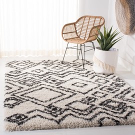 SAFAVIEH Belize Shag Collection 6'7" Square Ivory/Charcoal SGB488B Moroccan Boho Tribal Non-Shedding Living Room Bedroom Dining Room Entryway Plush 2-inch Thick Area Rug