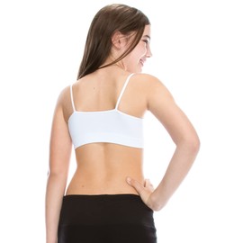 Kurve Girl’s Training Sports Bra – Seamless Bralette Kids Crop Cami Tank Top UV Protective Fabric UPF 50+ Made in USA, White, Age 4-8