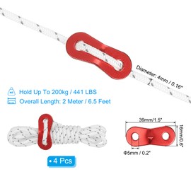 PATIKIL 4mm Tent Rope, 4 Pack 6.5ft Reflective Guyline Cord Tied Downs Rope Paracord Cord Camping Ropes with Red Aluminum Cord Adjusters for Camping Hiking Tent, White