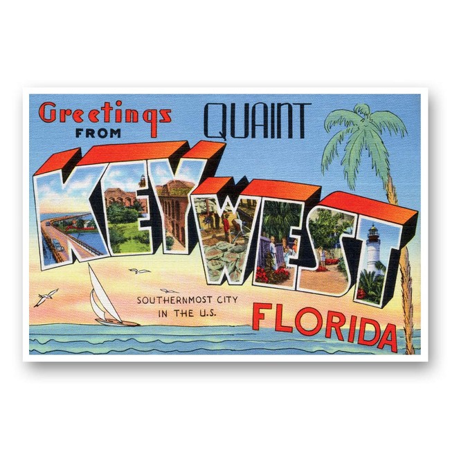 GREETINGS FROM KEY WEST, FL vintage reprint postcard set of 20 identical postcards. Large Letter Key West, Florida city name post card pack (ca. 1930's-1940's). Made in USA.