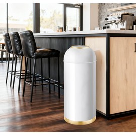 Huaqinglian 35L/9 Gallon White Gold Stainless Steel Commercial/Kitchen Trash Can, Round Open Top Waste Bin Garbage Bin for Home Office Restaurant (White Gold, 9gallon)