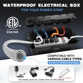Flemoon Medium Outdoor Electrical Box, ETL Certified IP54 Waterproof Extension Cord Cover w/6 Cable Entry Ports, Weatherproof Connection Box for Power Strip, Timer, Plug, Holiday Lights, Black