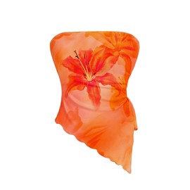 WDIRARA Women's Floral Mesh Strapless Side Ruched Tube Top Asymmetrical Hem Bandeau Crop Tops Orange Medium