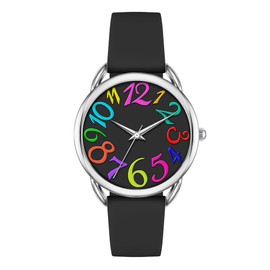 Bisley Women Black Watch Colorful Arabic Numbers Dial Watch Easy to Read Analog Watch Black Silicone Strap Watch