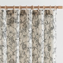 jinchan Floral Curtains 84 Inches Long Black Flower Linen Farmhouse Curtains for Living Room French Country Vintage Curtains Rod Pocket Curtains Set 2 Panels Balck Flower Printed Curtains