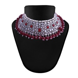 I Jewels Womens 18K Silver Plated Indian Wedding Bollywoodpearl Kundan Studded Choker Jewellery Necklace Set With Maang Tikka (K7218Zm) Maroon