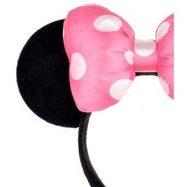 A Miaow 3D Black Mouse Velvet Ears Headband MM Polka Dot Satin Bow Hair Clasp Women Adults Costume Supply Holiday Park Headwear (Black and Pink, One Size)