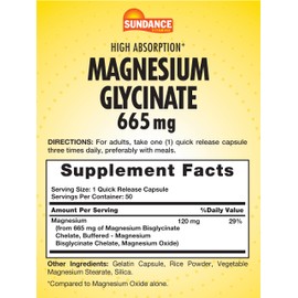 Sundance Magnesium Glycinate Capsules | 665 mg | 50 Quick Release Pills | Non-GMO and Gluten Free Supplement