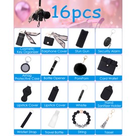 AMIR Safety Keychain Set for Women, Wristlet Keychain with Personal Alarm, Earphone Case, Lipstick Pouch, Cute Keychains for Women Girls, Black