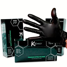 KGloves ® • Nitrile Gloves Latex Free and Powder Free 100 Professional Black Disposable Gloves Adherent and Resistant Medical Use Tattoo Artist Beautician Kitchen No Latex Gloves (L, BLACK)