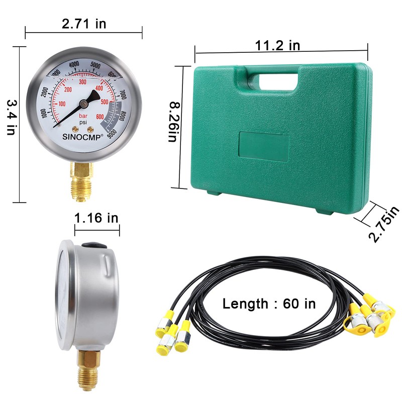 SINOCMP Hydraulic Pressure Test Kit, 3 Pressure Gauges 25Mpa/40Mpa/60Mpa 6