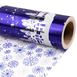 RUSPEPA Reversible Christmas Wrapping Paper Roll, Mini Roll, Elegant Snowy Village Night Scene and Blue Snowflake Design, Festive Blue Gift Wrap for Winter Holiday, 17 Inches x 16.4 Feet