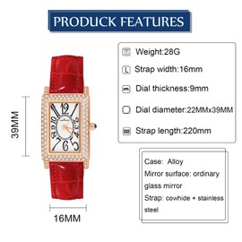 MicLee Women's Quartz Watch with Red Leather Strap Luxury Rhinestone Alloy Wrist Watch Zirconia-Set Square Dial Quartz Analogue Fashion Watches for Ladies Girls Creative Arabic Numeral Dial