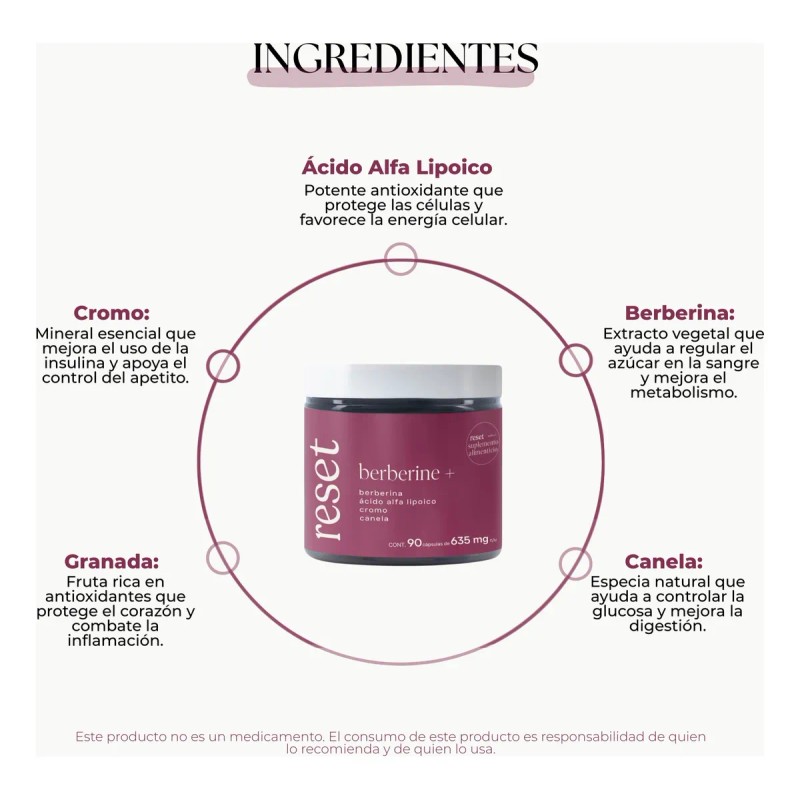 Reset Suplemento Berberina Ácido Alfa Lipoico Cromo Canela Cáps