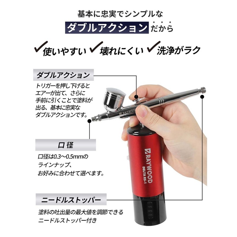 RAYWOOD Airbrush Delta Handpiece Double Action 0.3mm 0.4mm 0.5mm Plamo