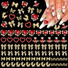 70 Pcs Gold Nail Charms Gems, 3D Alloy Heart Nail Gems Charms, Bow Butterfly Bowknot Nail Art Charms, Red Gold Heart Nail Charms for Acrylic Nails, Bow Butterfly Nail Jewelry for Nails DIY Y2K