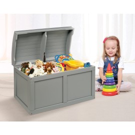 Badger Basket Barrel-Top Wooden Toy Chest - Hardwood Storage Trunk with Safety Hinge, Handle Slots, Spacious Interior - Classic Organizer for Kids' Rooms - Gray