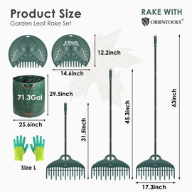 ORIENTOOLS 17Tines Double Row Garden Rake Set with 9Tines Leaf Hand Rakes, 272L Leaves Bin and Gardening Gloves for Scooping and Picking up Leaves, Clear and Collect Garden Rake Kit